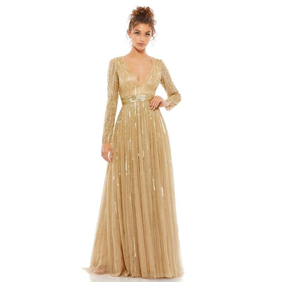 Mac Duggal 4977 Gold Sequin Beaded Illusion Sleeve Gown 4 NWT - Picture 1 of 9